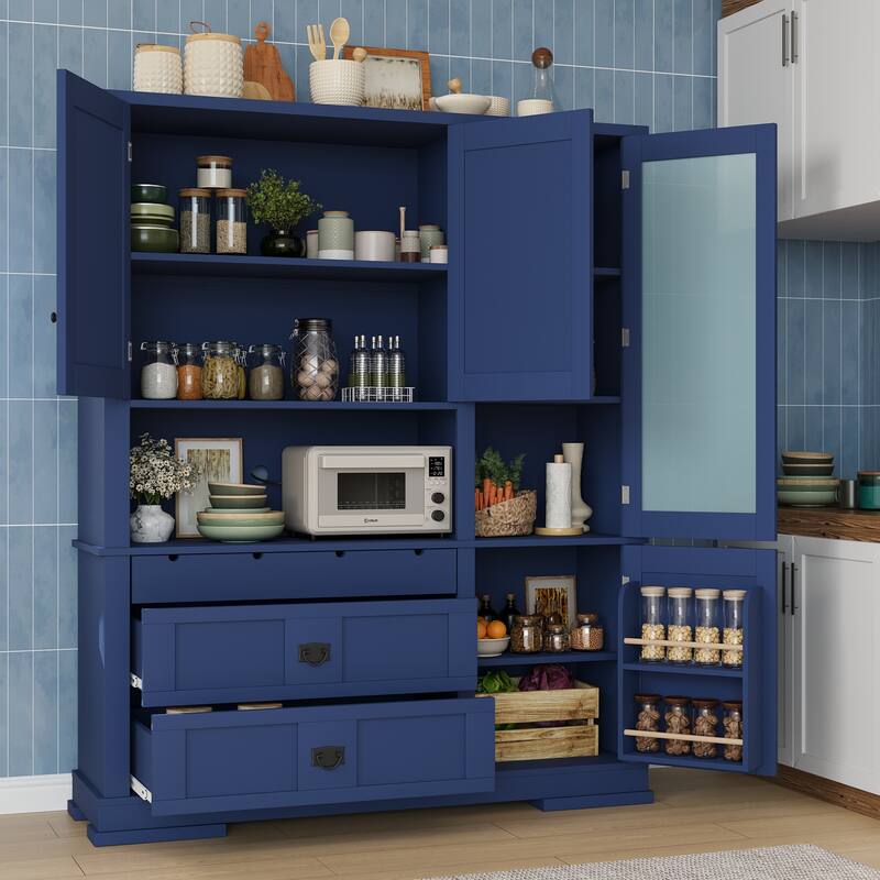 Roomfitters 78 Inch Large Kitchen Pantry Storage Cabinet with Microwave Station and Drawers, Shaker Style