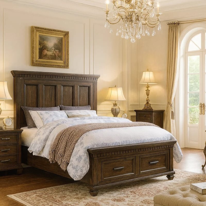 Ziv Classic California King Bed with Storage Drawers, Metal Handles, Brown