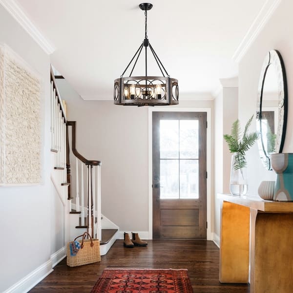 KOOFREDDO Modern 6-Light Drum Chandelier – Black Farmhouse Pendant With Fabric & Wire Mesh 2-Layer Shade, Adjustable Height, For Dining Room