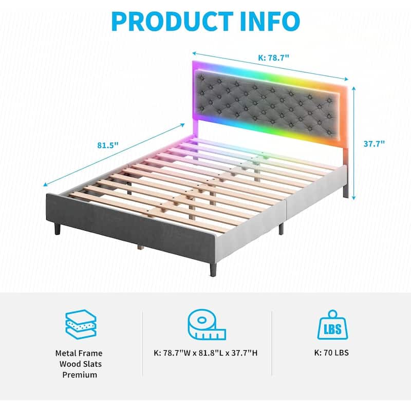 Mixoy Velveteen RGB LED Bed Frame with Button Tufted Adjustable Headboard