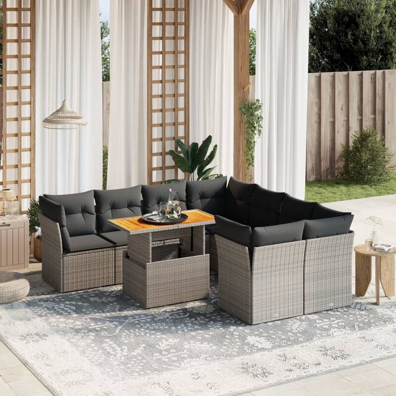 vidaXL Patio Sofa Set with Cushions Lounge Sofa Modules 9 Piece Poly Rattan - 21.7 x 39.4 x 28.7 - Grey