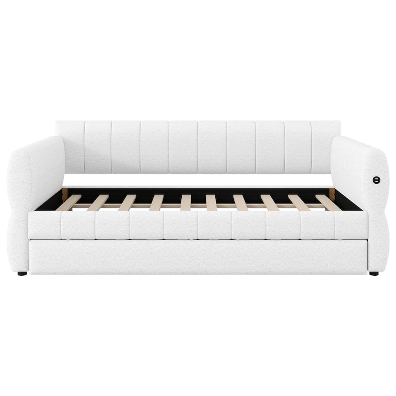 Modern Fabric Upholstered Daybed Queen Size Sofa Bed Frame with Backrest and Armrests, USB Charging Ports, No Box Spring Needed