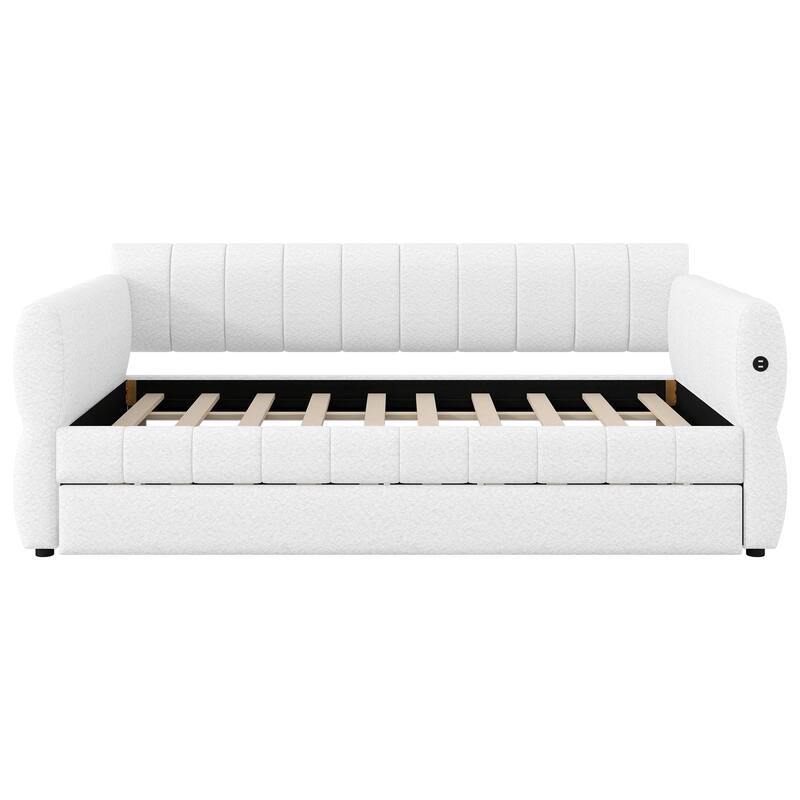 Queen Size Upholstered Daybed with USB and Optional Platform Storage Bed with 2 Drawers or Low Profile Sofa Bed with Trundle Bed