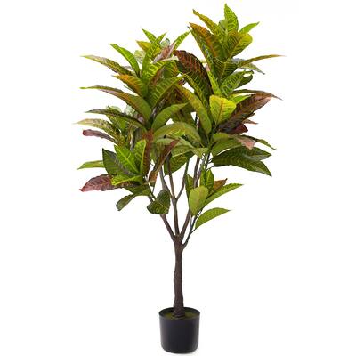 4ft Artificial Croton Rubber Plant Fiddle Leaf Tree in Black Pot - 48" H x 36" W x 32" DP