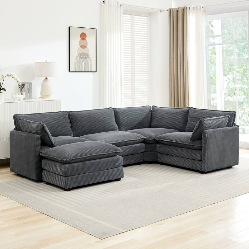 5-Seater Corduroy Sectional Sofa with a Removable Ottoman & Corner Seat, Soft & Comfortable - 4 Seats with 1 Ottoman