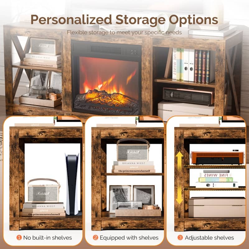 TV Stand with Optional Fireplace for TVs up to 70in Farmhouse Entertainment Center with Adjustable Shelves