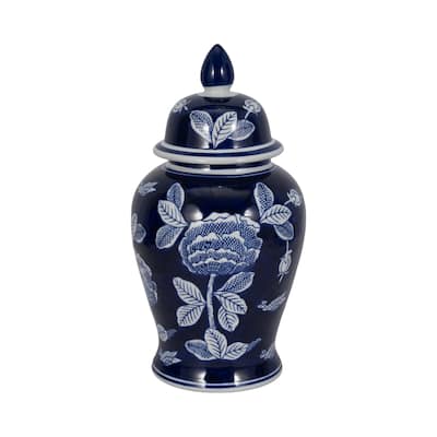 Sagebrook Home Blue Ceramic Temple Jar - Elegant Chinoiserie Decor Accent