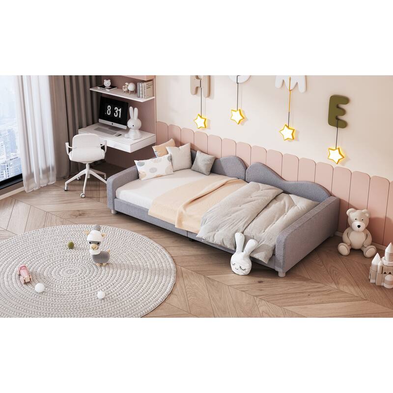 Gray Twin Size Sherpa Fabric Upholstered Daybed with Cloud Backrest
