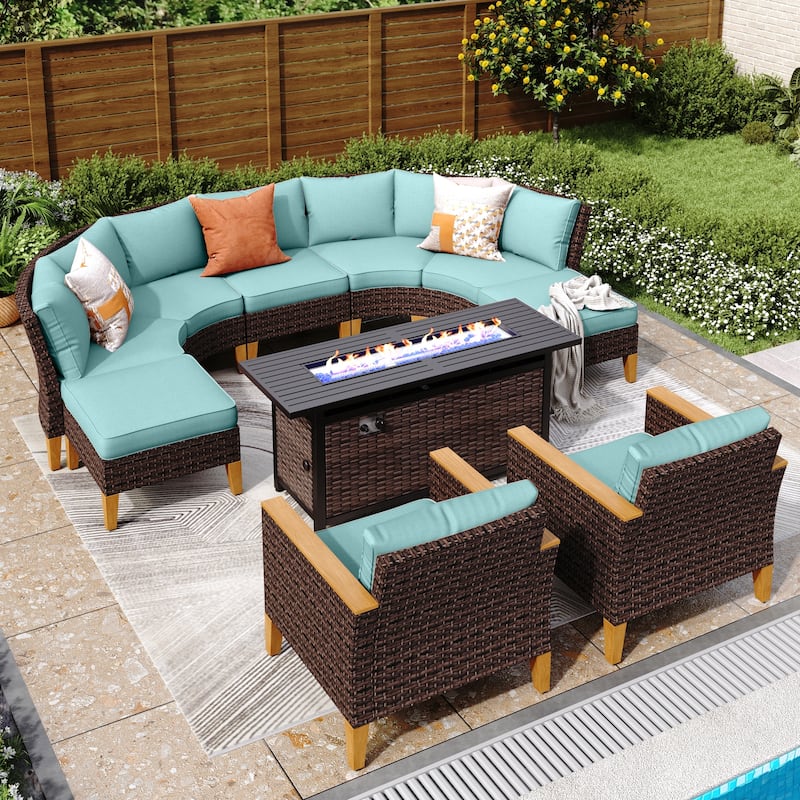6-11 Piece Patio Outdoor Wicker Sectional Sofa Half-Moon Furniture Set Large Seating Conversation Sets with Fire Pit Table - 9 Seats - Lake Blue
