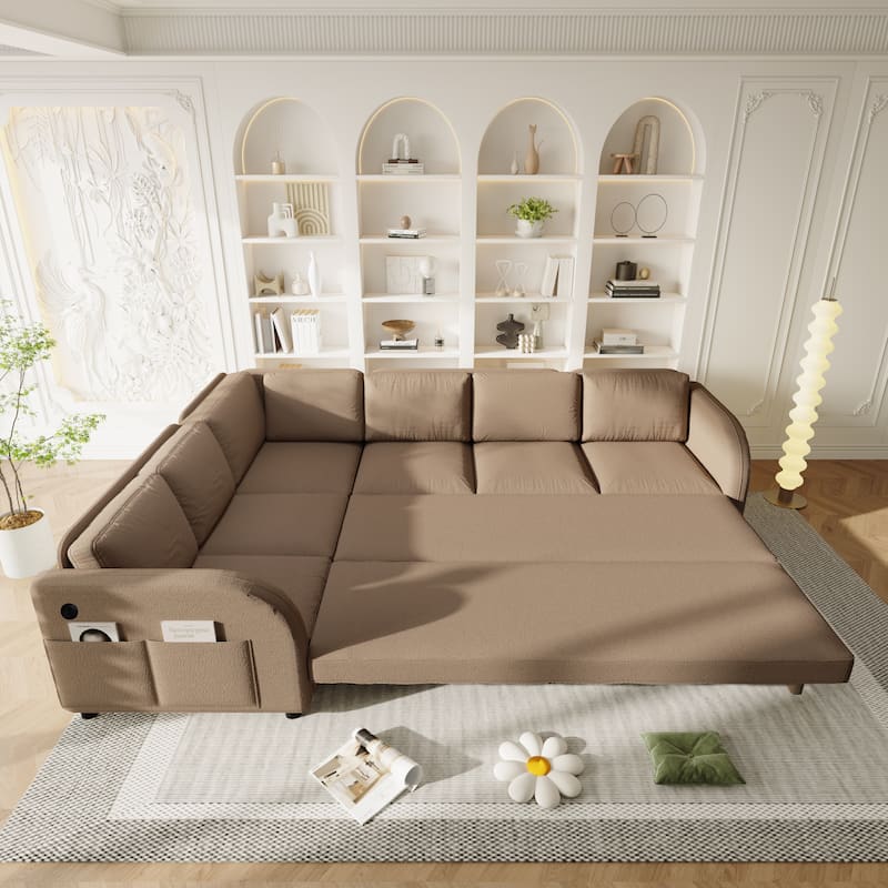 Sectional Sleeper Sofa with Pull Out Bed, Convertible Teddy Fabric Couch with Side Pockets & USB Ports, L Shaped Modular Couches
