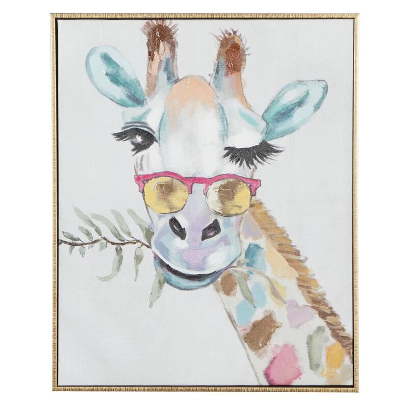 Canvas Giraffe Living Room Framed Wall Art with Gold Frame - Multi Colored - CosmoLiving by Cosmopolitan - Multi Colored - 17"W, 21"H