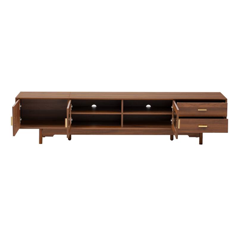 Anmytek Modern TV Stand Media Console with Fluted Glass Doors Beveled Edge Solid Wood Legs Large Screen Storage