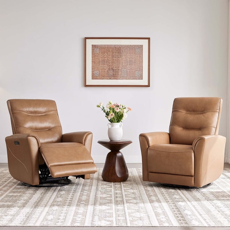 Spruce & Spring Genuine Leather Swivel Glider Recliner with Power Lumbar Support