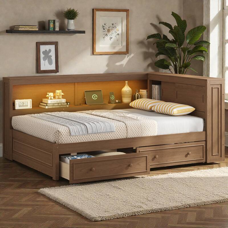 Full Size Wood Daybed with Storage Shelves and 2 Drawers, LED Light, USB Charging Station, Solid Wood Frame - Wood - Full