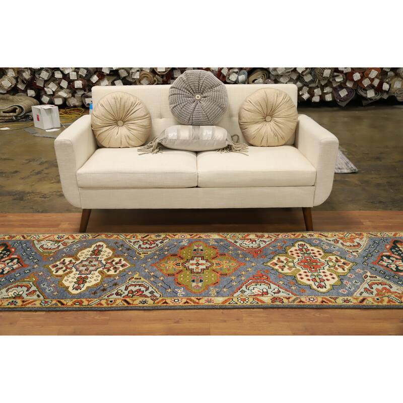 Hand Knotted Oriental 100% Wool Carpet Traditional Geometric Greys & Charcoal Kazak Runner Rug - 9' 9'' X 2' 7''