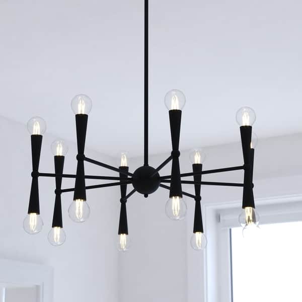 slide 2 of 10, Drake Matte Black Mid-Century Modern 16 Light Chandelier Light Ceiling Fixture - 29-in W x 15.75-in H x 29-in D 29-in W x 15.75-in H x 29-in D - Matte Black