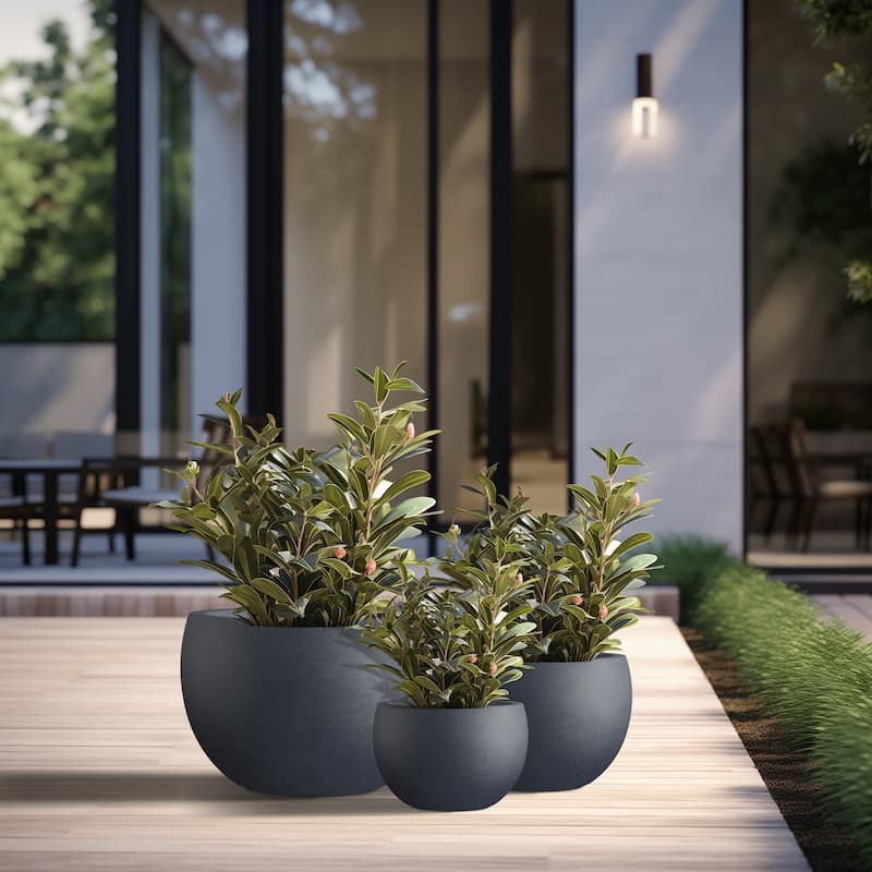 Tall Concrete Round Plant Pots / Large Indoor and Outdoor flower Planters - 3 Piece Set (11.5, 15, 19 Inch Diameter) - Granite Gray