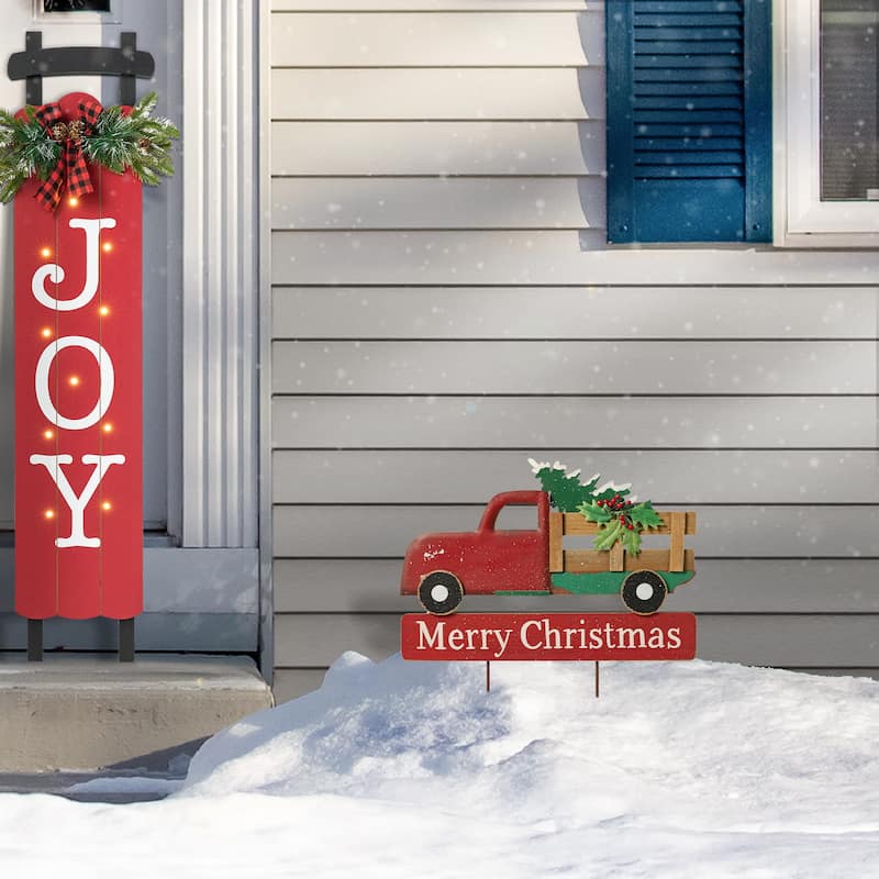 Glitzhome 24"H Metal Christmas Truck or Dog with Gift Cart Yard Stake
