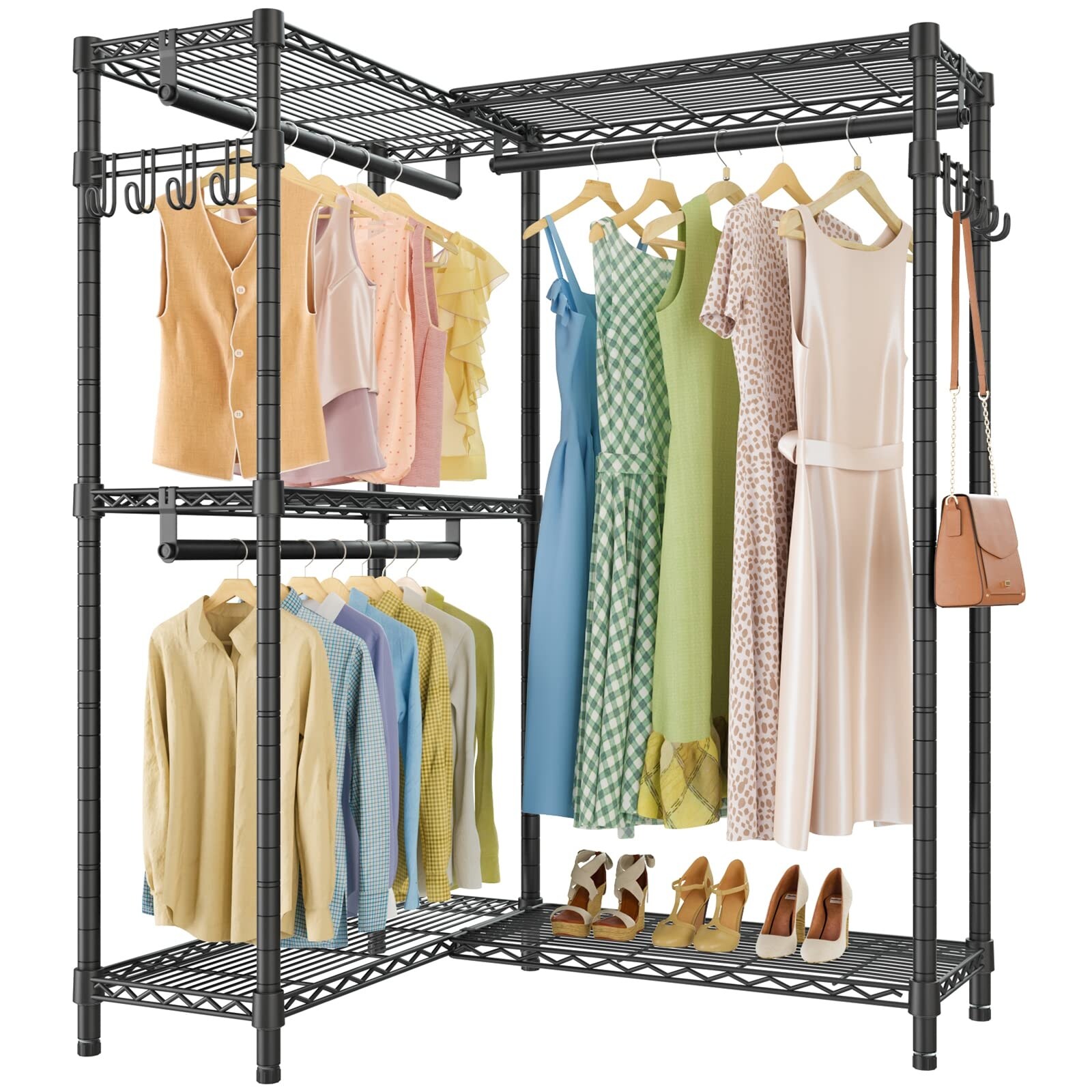 Garment Rack L Shaped Clothes Rack Freestanding Portable Wardrobe Closet Clothing Rack with Hanging Rods Side Hooks Black