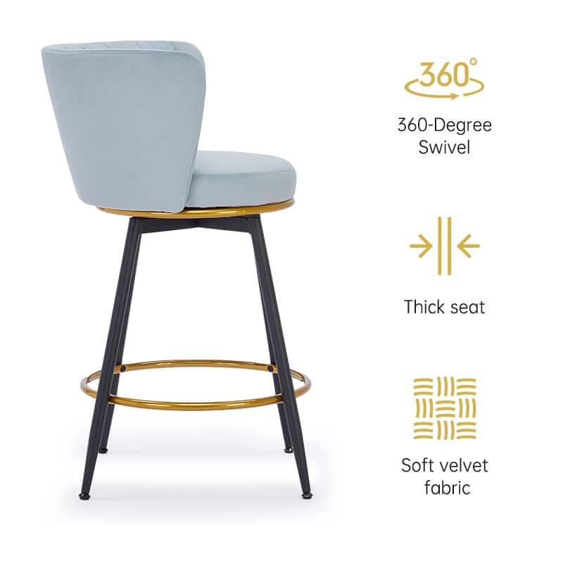 Mid-century Counter Height Bar Stools Set of 2 360° Swivel Barstools with Vertical Stripe Backrest and Round Padded Seat