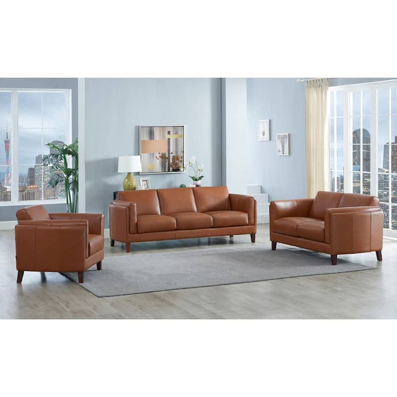 Hydeline Maui Top Grain Leather Sofa and Chair Set With Feather, Memory Foam and Springs - Cinnamon Brown