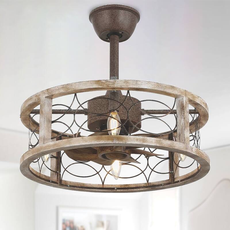 Cusp Barn 18'' Farmhouse Flush Mount Wood Ceiling Fan with Light, Rustic Bladeless Caged Ceiling Light, Antique Fandelier - Weathered Wood