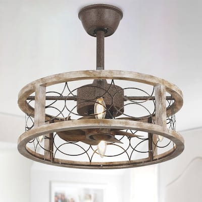 Cusp Barn 18'' Farmhouse Flush Mount Wood Ceiling Fan with Light, Rustic Bladeless Caged Ceiling Light, Antique Fandelier