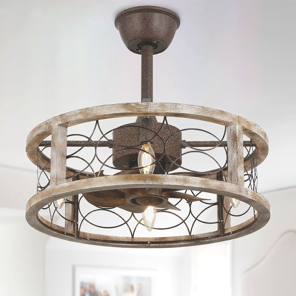 Cusp Barn 18'' Farmhouse Caged Ceiling Fan with Light and Remote, Rustic Bladeless Wood Fandelier for Bedroom
