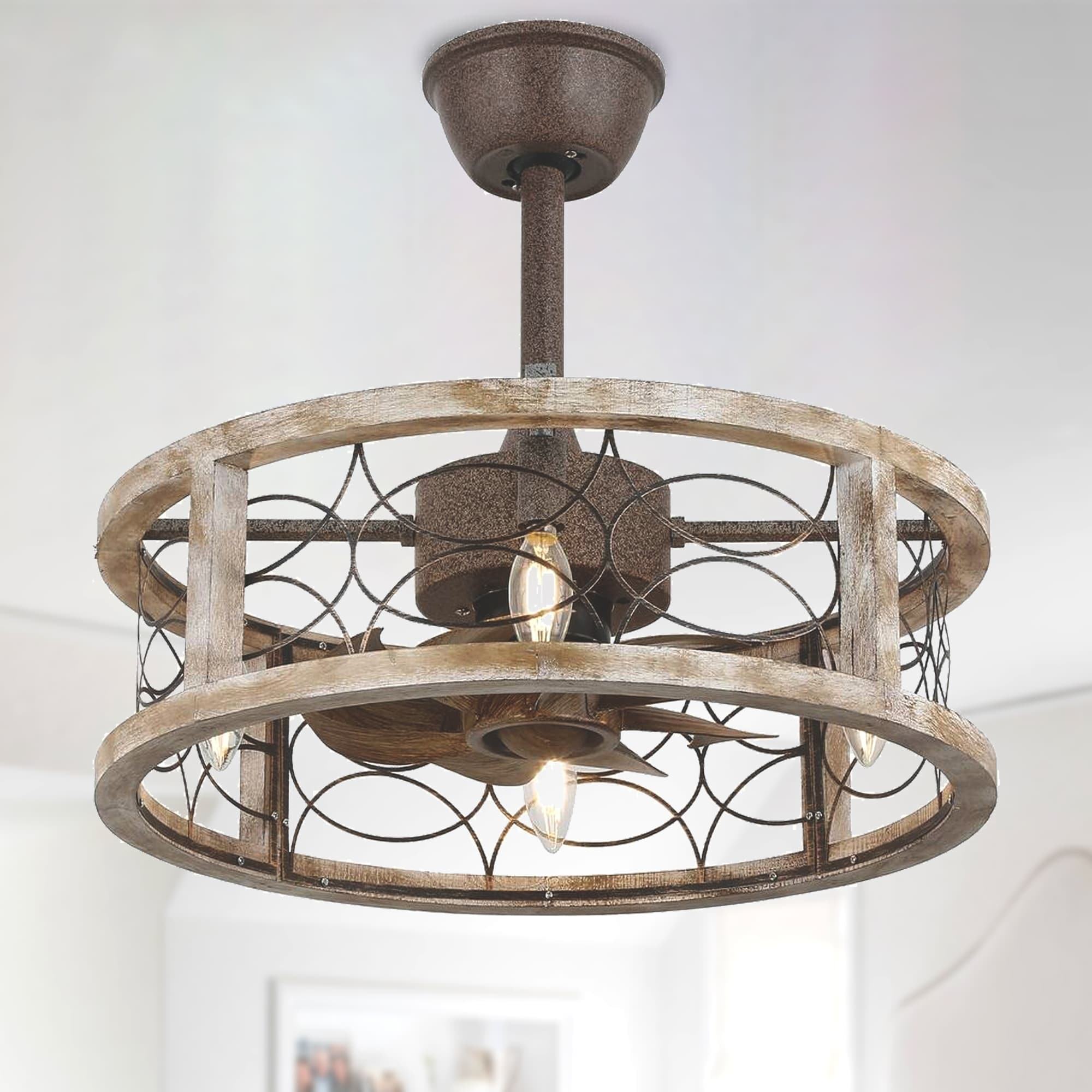 Cusp Barn 18'' Farmhouse Caged Ceiling Fan with Light and Remote, Rustic Bladeless Wood Fandelier for Bedroom
