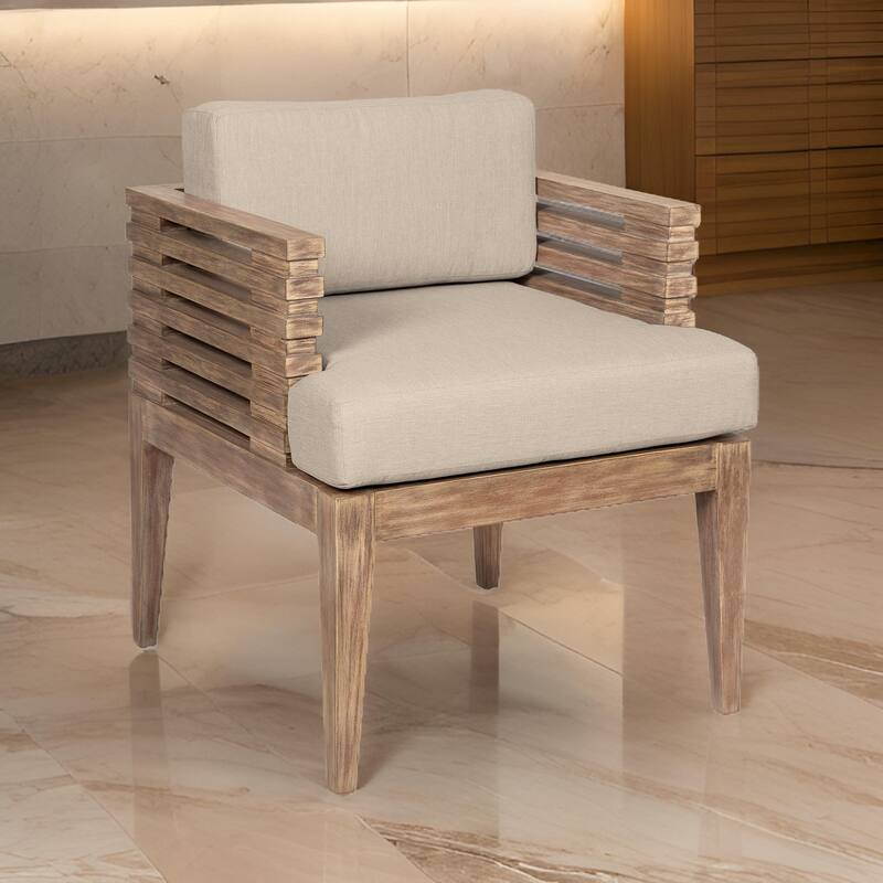 Hida 24 Inch Outdoor Patio Dining Chair, Ridged Brown Wood, Olefin Cushions