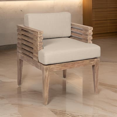 Hida 24 Inch Outdoor Patio Dining Chair, Ridged Brown Wood, Olefin Cushions