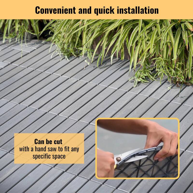 Interlocking Deck Tiles Striped Pattern, 12" x 12" Light Gray Acacia Hardwood Outdoor Flooring