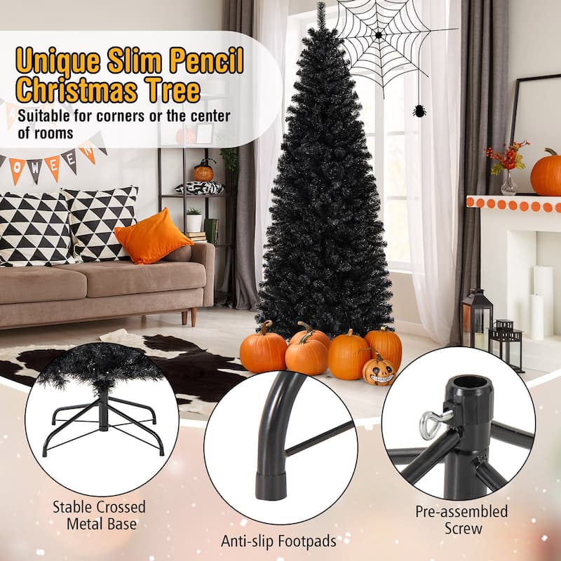 Gymax 6/7 FT Pre-lit Black Christmas Tree Artificial PVC Slim Pencil - See details
