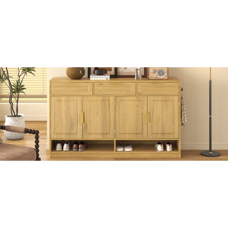Roomfitters 59.1" Farmhouse Sideboard Buffet Cabinet with 3 Drawers and 4 Doors, Kitchen Storage with Open Shelf