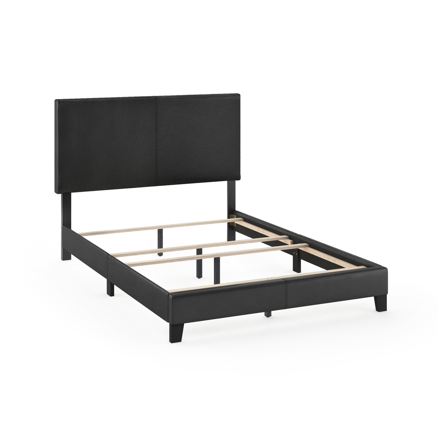 King Bed Frame Upholstered Black PU Leather Platform Bed Modern Glam Style