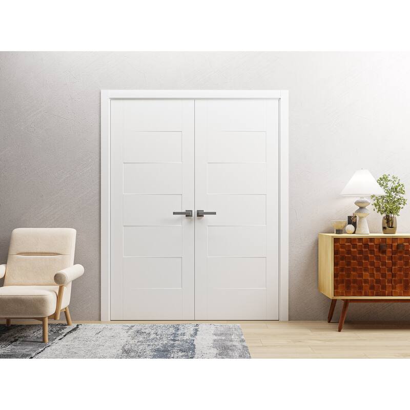 Interior Solid French Double Doors / Mela 0755 Painted White / Wood Interior Solid Panel Frame / Closet Bedroom Modern Doors