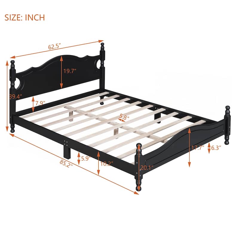 Retro Style Queen Size Wood Platform Bed Frame