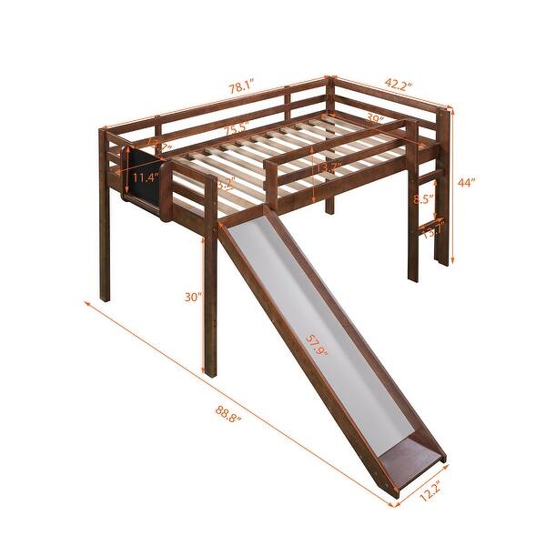 dimension image slide 2 of 3, Twin Size Loft Bed Wood Kids Bed Frame with Ladder, Slide & Chalkboard