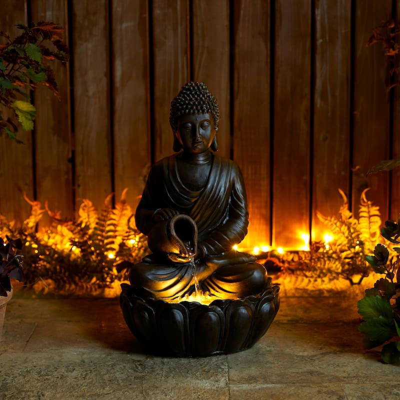 Glitzhome Polyresin Meditating Buddha Frog/Elephant Statue Outdoor Water Fountain with LED Lights