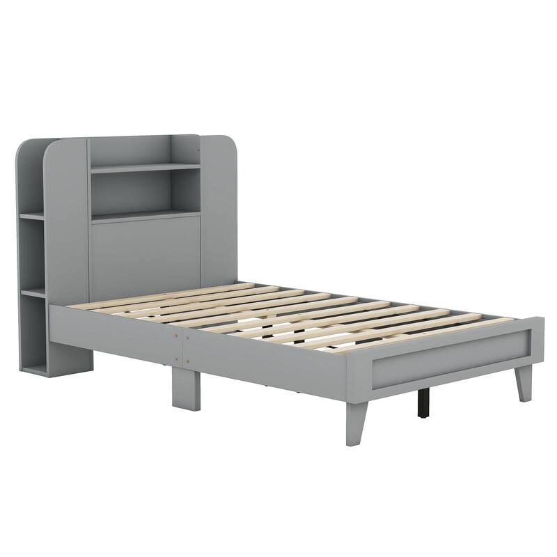 Grey Platform Bed with Storage Bookshelf Headboard Bed Bath & Beyond