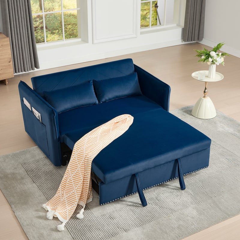 Small Convertible Sofa Bed, 55" Velvet Loveseat Couch with Pull-Out Bed, Pillows, Adjustable Backrest & Side Pockets