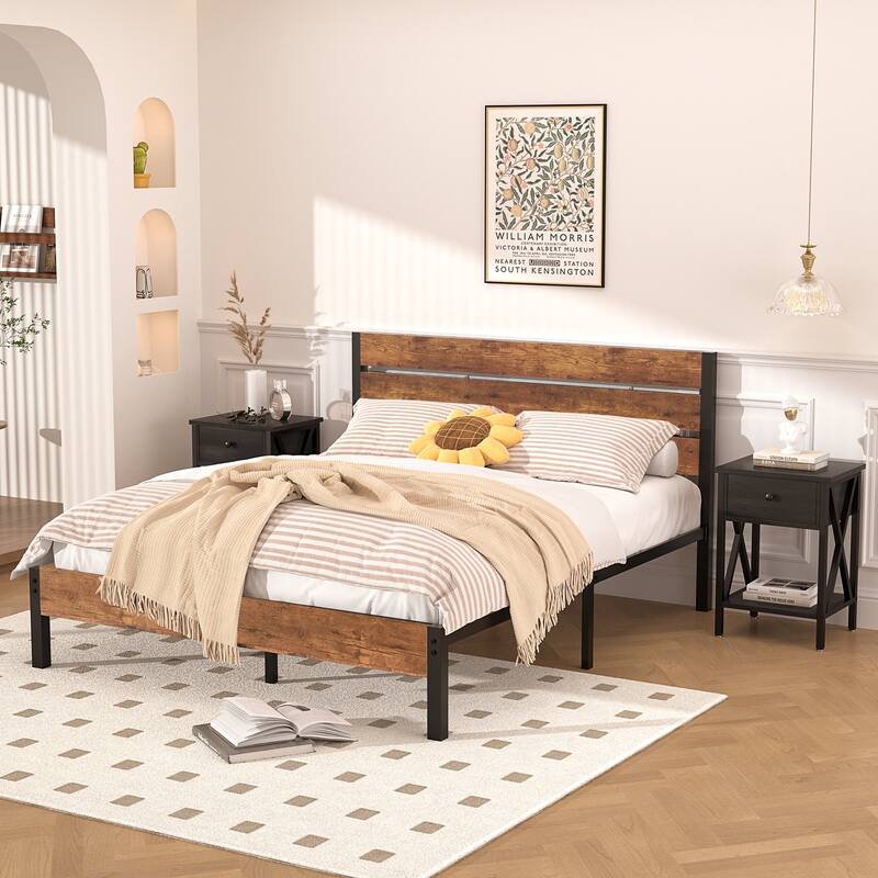 3-Pieces Bed Frame with Wood Headboard and Modern Nightstands Set of 2