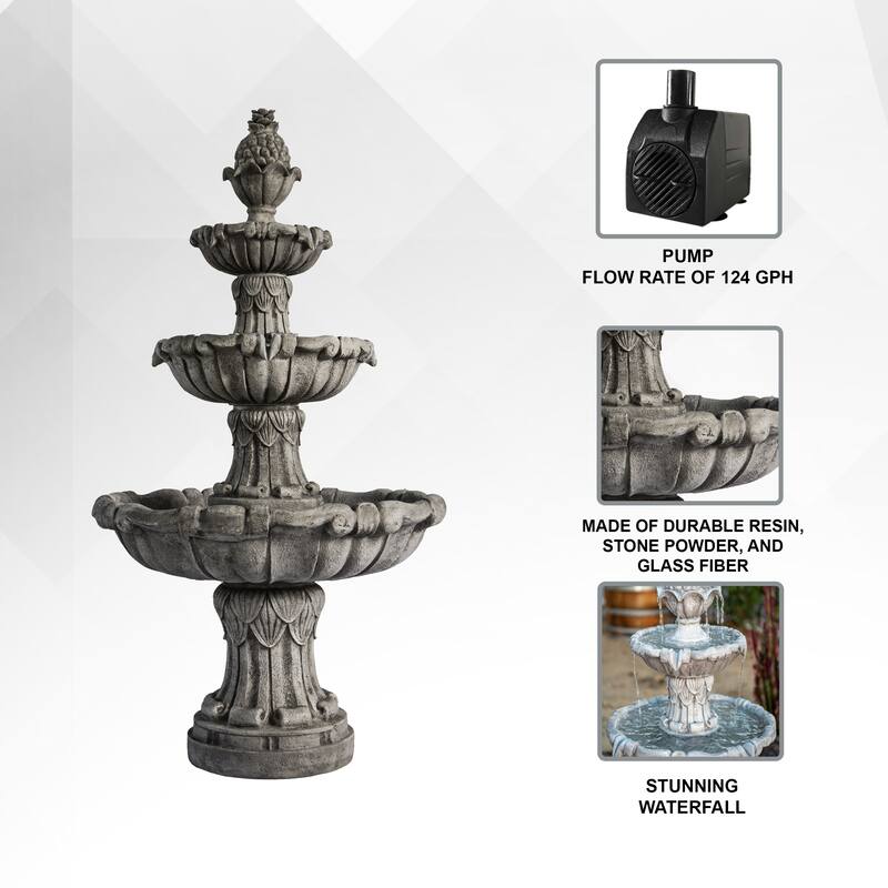 XBrand 58.3" Leaf Classic Bird bath Water Fountain, 3-Tier, Outdoor Garden, With Pump, Resin, Gray