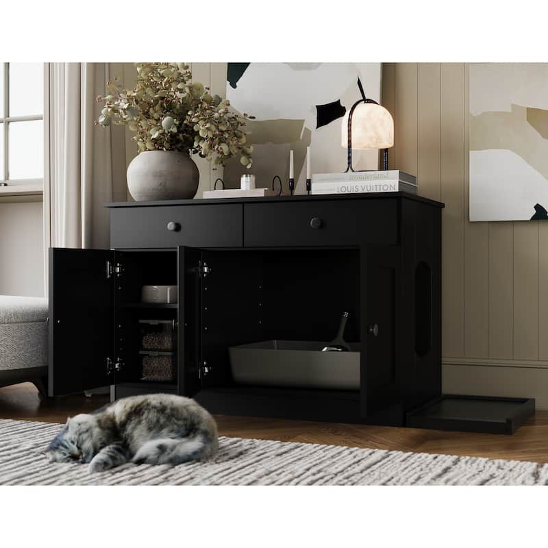 Palace Imports 100% Solid Wood Ziva 3-Door Cat Litter Box Enclosure with 2-Drawers and Litter Catch