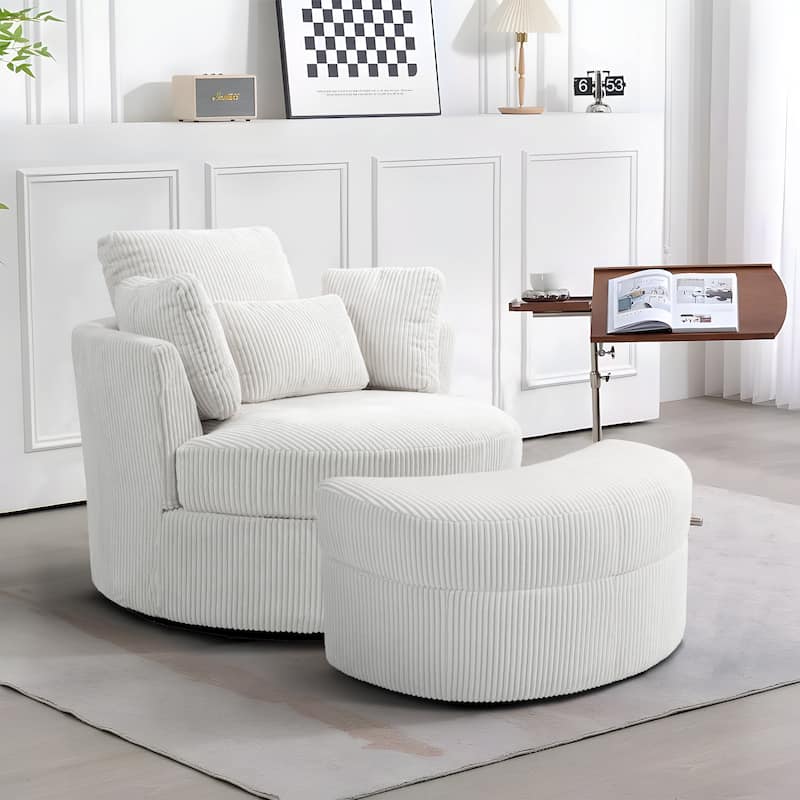 Upholstered Swivel Accent Chair with Wooden Tray Storage Ottoman