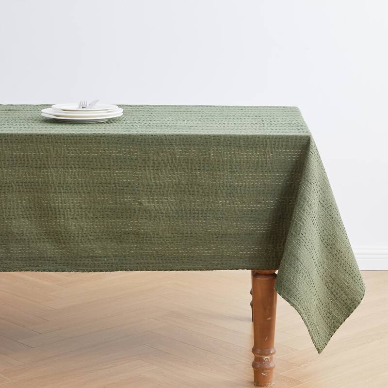 Melange Hand Stitched Kantha Reversible Green Coverlets and Shams