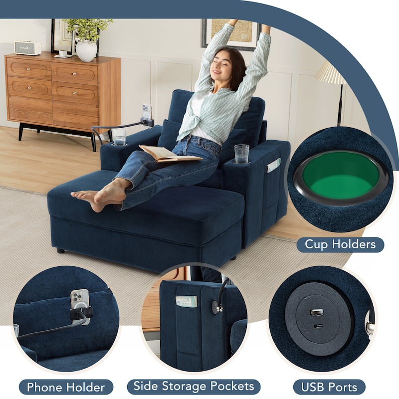 Modern Style Armchair with a Movable Storage Ottoman, Two USB Ports, Two Cup Holders, a Phone Holder and Side Pockets