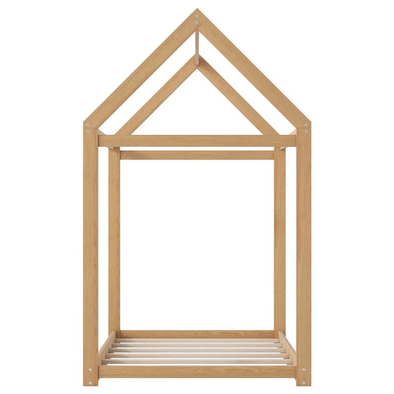 Solid Pinewood Twin Size House Shaped Floor Bed Frame with Roof Design
