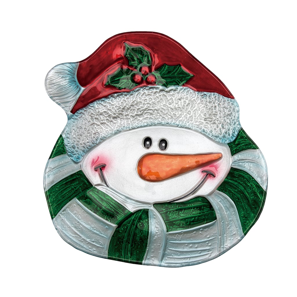 Transpac Glass 12 in. Holiday Snowman with Santa Hat Platter