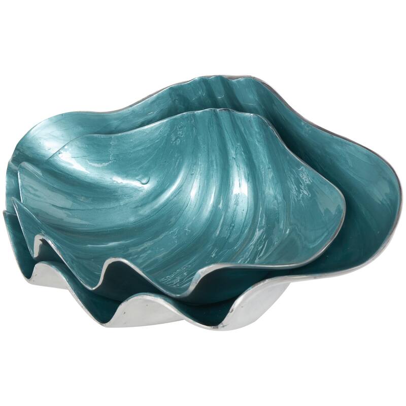 Aluminum Metal Shell Enameled Decorative Bowl with Silver Metal Exterior - Set of 2 Teal or White - Roche River Decor